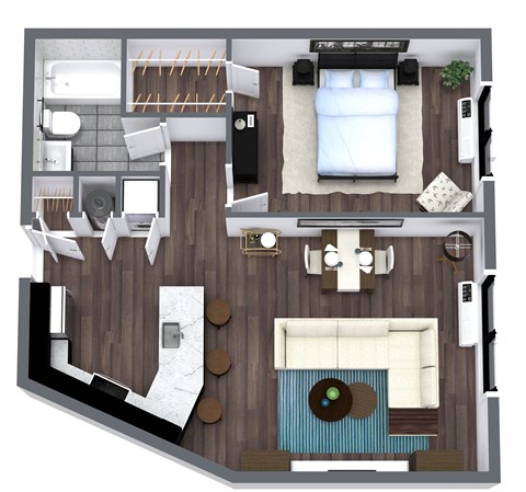 Floor plan for 1 bed, 1 bath, 670 sqft